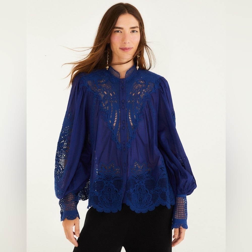 Farm Rio: Navy Blue Guipure Blouse